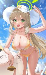Rule 34 | 1girl, absurdres, armpits, beach, bikini, blue archive, breasts, cleavage, collarbone, green eyes, hair between eyes, halo, hanging breasts, hat, highres, kneeling, large breasts, light brown hair, long hair, looking at viewer, nonomi (blue archive), nonomi (swimsuit) (blue archive), ojisan kamo shiremasen, open mouth, outdoors, peroro (blue archive), side-tie bikini bottom, sidelocks, solo, sun hat, swimsuit, white hat, yellow bikini