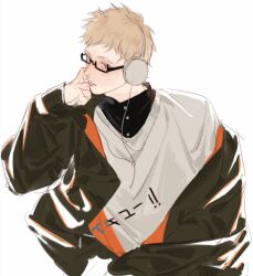 Rule 34 | 1boy, black jacket, blonde hair, brown eyes, haikyuu!!, hand on own cheek, hand on own face, headphones, highres, jacket, jersey, karasuno volleyball uniform, kinsatsu (grizzled), lips, long sleeves, looking at viewer, male focus, parted lips, short hair, solo, sweater, tsukishima kei, upper body, white sweater