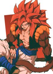 Rule 34 | 1boy, abs, absurdres, artist name, baggy pants, biceps, black nails, black vest, black wristband, blue eyes, blue sash, body fur, collarbone, crossed legs, dragon ball, dragon ball gt, fingernails, gogeta, highres, long hair, looking at viewer, male focus, metamoran vest, monkey tail, muscular, muscular male, nail polish, open clothes, open vest, pants, parted lips, pectorals, red background, red fur, red hair, relio db318, sash, simple background, sitting, smile, smirk, solo, spiked hair, super saiyan, super saiyan 4, tail, twitter username, two-tone background, v-shaped eyebrows, vest, white background, white pants, wristband
