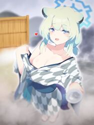 Rule 34 | 1girl, animal ears, aqua hair, blue archive, blue eyes, blurry, breasts, cleavage, collarbone, cup, depth of field, dot nose, flashing, grey kimono, halo, heart, highres, holding, holding cup, japanese clothes, kimono, long sleeves, looking at viewer, medium breasts, obi, onsen, open mouth, outdoors, sakazuki, sash, shigure (blue archive), shigure (hot spring) (blue archive), single bare shoulder, smile, solo, standing, steam, tail, uni gyoza, yagasuri