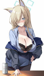 Rule 34 | 1girl, animal ear fluff, animal ears, beer can, black bra, black pants, blonde hair, blue archive, blue eyes, blue shirt, blue skirt, blush, bra, breasts, can, cleavage, collared shirt, drink can, grey jacket, hair over one eye, halo, harimoji, highres, jacket, kanna (blue archive), large breasts, long hair, long sleeves, looking at viewer, necktie, off shoulder, pants, partially unbuttoned, pencil skirt, shirt, skirt, solo, tight clothes, tight pants, underwear