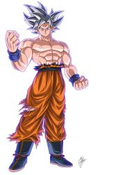 Rule 34 | 1boy, abs, blue footwear, clenched hands, dragon ball, dragon ball super, full body, highres, male focus, marco albiero, muscular, muscular male, topless male, signature, grey eyes, silver hair, solo, son goku, torn clothes, ultra instinct, wristband