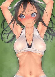 Rule 34 | 1girl, armpits, arms up, bare shoulders, black hair, blue eyes, blush, breasts, cleavage, closed mouth, embarrassed, female focus, from above, high ponytail, highres, isshiki ichika, large breasts, long hair, looking to the side, lying, maketara omae, hitoban ore no omocha na, murakami suigun, navel, nipples, one side up, original, see-through, simple background, sleeveless, solo, sportswear, sweat, tears, tennis uniform, upper body
