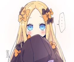 Rule 34 | ..., 1girl, abigail williams (fate), black bow, black dress, blonde hair, blue eyes, blush, bow, covered mouth, dress, fate/grand order, fate (series), forehead, hair bow, long hair, long sleeves, looking at viewer, no headwear, orange bow, parted bangs, simple background, sleeves past fingers, sleeves past wrists, sofra, solo, spoken ellipsis, upper body, very long hair, white background