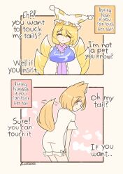 Rule 34 | 1girl, animal ears, artist name, blonde hair, breasts, closed eyes, commentary, english commentary, english text, eosd2002, fox ears, fox girl, fox tail, hands in opposite sleeves, highres, kitsune, kudamaki tsukasa, large breasts, long sleeves, looking back, multiple tails, romper, short hair, solo, tail, touhou, yakumo ran, yellow background, yellow eyes