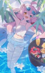 Rule 34 | 1girl, :3, = =, ahoge, armpits, bikini, blue-tinted eyewear, blue archive, blue eyes, collarbone, cup, drink, drinking glass, drinking straw, eyewear on head, flower, food, frilled bikini, frills, fruit, hair bobbles, hair ornament, halo, heterochromia, highres, hoshino (blue archive), hoshino (swimsuit) (blue archive), inflatable toy, inflatable whale, long hair, looking at viewer, low twintails, navel, official alternate costume, open mouth, pink hair, plate, pool, shade, solo, strawberry, sunglasses, swimsuit, tinted eyewear, twintails, very long hair, white-framed eyewear, white bikini, yakousei a, yellow eyes