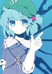 Rule 34 | 1girl, bad id, bad pixiv id, blue eyes, blue hair, dise (psychoro), female focus, hair bobbles, hair ornament, hat, highres, kawashiro nitori, key, matching hair/eyes, short hair, short sleeves, sleeves rolled up, solo, touhou, twintails, two side up