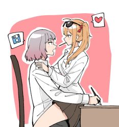 Rule 34 | 2girls, brown skirt, chair, chinese commentary, commentary request, desk, floppy disk, food, food in mouth, gentiane (girls&#039; frontline), girls&#039; frontline, grey hair, grey pants, heart, junsuina fujunbutsu, kalina (girls&#039; frontline), multiple girls, orange hair, pants, pocky, pocky kiss, ponytail, shared food, shirt, side ponytail, sitting, sitting on lap, sitting on person, skirt, speech bubble, spoken heart, white shirt, yuri