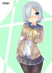 Rule 34 | 1girl, :o, arm support, artist logo, black pantyhose, blue eyes, blue sailor collar, blush, breast rest, breasts, brown sweater, cardigan, collarbone, cowboy shot, feet out of frame, gloves, green background, hair ornament, hair over one eye, hairclip, hamakaze (kancolle), highres, kantai collection, large breasts, looking at viewer, neckerchief, open cardigan, open clothes, open mouth, pantyhose, pepatiku, pleated skirt, sailor collar, school uniform, serafuku, short hair, silver hair, skirt, smile, solo, standing, sweater, white background, white gloves, yellow neckerchief