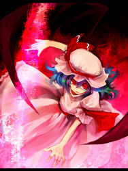 Rule 34 | 1girl, blue hair, dress, female focus, fire, from above, hat, looking at viewer, looking up, magic, mob cap, pink dress, puffy short sleeves, puffy sleeves, red eyes, remilia scarlet, short hair, short sleeves, solo, touhou, ukyo rst