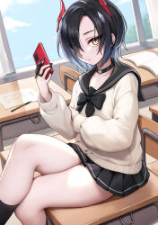 Rule 34 | 1girl, absurdres, azur lane, black bow, black choker, black hair, black nails, black sailor collar, black skirt, black socks, bow, cellphone, choker, classroom, claw ring, closed mouth, collarbone, commentary request, crossed legs, desk, ear piercing, eyes visible through hair, feet out of frame, hair over one eye, highres, horns, indoors, kneehighs, long sleeves, looking at viewer, miniskirt, nail polish, o-ring, o-ring choker, on table, paper, pencil, phone, piercing, pleated skirt, sailor collar, school desk, school uniform, serafuku, short hair, sitting, skirt, smartphone, socks, solo, sweater, table, taotao, thighs, ulrich von hutten (azur lane), white sweater, yellow eyes