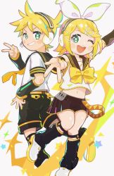 Rule 34 | 1boy, 1girl, aqua eyes, blonde hair, blue eyes, bow, brother and sister, commentary request, detached sleeves, full body, hair bow, hair ornament, hair ribbon, hairclip, headphones, headset, highres, kagamine len, kagamine rin, korosuke (kr0sk), leg warmers, looking at viewer, midriff, navel, necktie, open mouth, ribbon, sailor collar, short hair, shorts, siblings, skirt, smile, teeth, treble clef, twins, upper teeth only, v, vocaloid, white bow