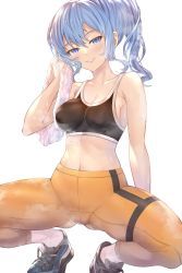 Rule 34 | 1girl, absurdres, alternate breast size, blue eyes, blush, breasts, cleavage, drying, gluteal fold, hair between eyes, highres, hololive, honkivampy, hoshimachi suisei, hoshimachi suisei (streetwear), looking at viewer, medium breasts, pants, shoes, side ponytail, smile, solo, sports bra, steaming body, sweat, virtual youtuber, white background