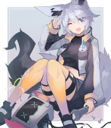 Rule 34 | 1girl, animal ears, black footwear, black shirt, black shorts, blue eyes, breasts, collarbone, commission, disembodied head, fang, fox ears, fox girl, fox tail, full body, hair between eyes, hand on own head, holding, holding wrench, knees up, looking at viewer, medium breasts, midriff, navel, one eye closed, open mouth, original, sasa onigiri, screw, shirt, shoes, shorts, sitting, skeb commission, solo, tail, thighhighs, white hair, wrench, yellow thighhighs