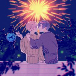Rule 34 | 2boys, aerial fireworks, black hair, brown hair, fireworks, glasses, hand fan, hand on another&#039;s shoulder, highres, imminent kiss, index finger raised, japanese clothes, jinnai enta, kimono, kuji toi, looking at another, multiple boys, night, outdoors, qi yushi, sarazanmai, short hair, sitting, summer festival, yaoi