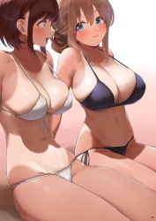 Rule 34 | 2girls, :3, :d, arms behind back, bare shoulders, bikini, black bikini, blonde hair, blue eyes, breasts, brown hair, cleavage, closed mouth, collarbone, commentary request, cowboy shot, front-tie bikini top, front-tie top, groin, hair between eyes, kaisen chuui, large breasts, long hair, looking at another, multiple girls, navel, one-piece tan, open mouth, original, revision, shadow, short hair, side-tie bikini bottom, sidelocks, sitting, smile, stomach, swimsuit, tan, tanline, teeth, upper teeth only, white background, white bikini