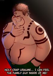 Rule 34 | 1boy, absurdres, arm tattoo, black nails, chest tattoo, cleft chin, cosplay, english text, facial tattoo, family guy, fat, fat man, green pants, grin, highres, jujutsu kaisen, kowai (iamkowai), looking at viewer, male focus, pants, peter griffin, pink hair, red eyes, ryoumen sukuna (jujutsu kaisen), ryoumen sukuna (jujutsu kaisen) (cosplay), short hair, smile, solo, subtitled, tattoo, topless male, very short hair