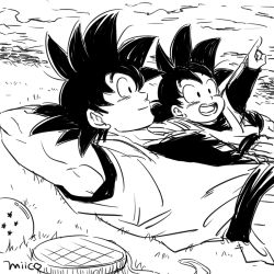 Rule 34 | 2boys, arms behind head, artist name, black eyes, black hair, child, cloud, dougi, dragon ball, dragon ball (object), dragonball z, father and son, grass, greyscale, happy, looking up, lying, male focus, miiko (drops7), monochrome, multiple boys, on back, open mouth, pointing, radar, short hair, sky, smile, son goku, son goten, spiked hair