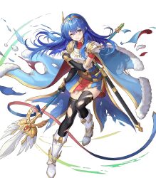 Rule 34 | 1girl, armor, black gloves, black thighhighs, blue cape, blue eyes, blue hair, breastplate, caeda (fire emblem), caeda (marth&#039;s faithful) (fire emblem), cape, damaged, elbow gloves, fingerless gloves, fire emblem, fire emblem: mystery of the emblem, fire emblem heroes, fur-trimmed cape, fur trim, gloves, highres, holding, holding polearm, holding weapon, long hair, multicolored cape, multicolored clothes, nintendo, non-web source, official alternate costume, official art, one eye closed, polearm, red cape, sheath, solo, sword, thighhighs, tiara, torn cape, torn clothes, torn thighhighs, weapon, white footwear, wing hair ornament