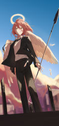 Rule 34 | 1boy, absurdres, angel, angel devil (chainsaw man), angel wings, black necktie, blue sky, blurry, blurry background, broken, brown eyes, chainsaw man, closed mouth, cloud, feathers, film grain, formal, glint, glowing, hair between eyes, halo, highres, holding, holding polearm, holding weapon, looking at viewer, male focus, necktie, outdoors, polearm, red eyes, shirt tucked in, sky, so shio, spear, suit, weapon, wind, wings
