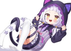 Rule 34 | 1girl, animal hood, arched bangs, belt, blush, braid, breasts, cat hood, cat tail, grey hair, highres, hololive, hood, hoodie, looking at viewer, medium hair, murasaki shion, murasaki shion (school uniform), necktie, noi mine, official alternate costume, open mouth, purple hoodie, purple necktie, short eyebrows, short twintails, single braid, small breasts, smile, tail, tail around own leg, teeth, thigh belt, thigh strap, thighhighs, transparent background, twintails, upper teeth only, virtual youtuber, white thighhighs, yellow eyes