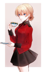Rule 34 | 1girl, black skirt, blonde hair, blue eyes, border, braid, brown background, cup, darjeeling (girls und panzer), french braid, from side, girls und panzer, hair between eyes, highres, jacket, mimoe, outside border, red jacket, saucer, skirt, smile, solo, st. gloriana&#039;s military uniform, teacup, white border
