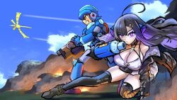 Rule 34 | 1boy, 1girl, arm cannon, armor, asymmetrical legwear, black footwear, black hair, black jacket, black thighhighs, blue armor, blue helmet, boots, breasts, brown hair, cleavage, clenched teeth, crossover, dust, fishnet thighhighs, fishnets, heart, heart-shaped pupils, helmet, horns, jacket, large breasts, long hair, mega man (series), mega man legends (series), mega man volnutt, minster (dooke), multicolored hair, prism project, purple eyes, purple hair, rikudou yura, short hair, streaked hair, symbol-shaped pupils, teeth, thighhighs, two-tone hair, virtual youtuber, weapon