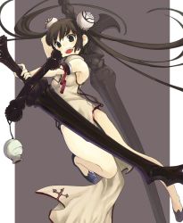 Rule 34 | aki (mare desiderii), bare shoulders, black hair, bun cover, china dress, chinese clothes, double bun, dress, dual wielding, earrings, holding, jewelry, long hair, original, smile, solo, sword, weapon