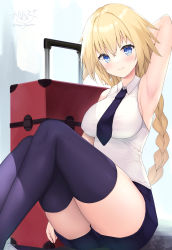 Rule 34 | 1girl, absurdres, arm up, armpits, blonde hair, blue eyes, blue necktie, blue thighhighs, blush, braid, breasts, fate/apocrypha, fate/grand order, fate (series), highres, jeanne d&#039;arc (fate), large breasts, long braid, long hair, looking at viewer, necktie, ochinsama, shirt, short shorts, shorts, simple background, sitting, smile, solo, suitcase, thighhighs, white background, white shirt