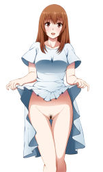 Rule 34 | 1girl, bad id, bad pixiv id, bottomless, brown eyes, brown hair, clothes lift, dress, dress lift, female pubic hair, highres, ivolay, no panties, original, pubic hair, pussy, simple background, solo, thigh gap, white background