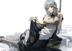Rule 34 | 1girl, apron, au ra, black bra, black dress, black footwear, black ribbon, bra, breasts, broom, dress, expressionless, final fantasy, final fantasy xiv, full body, grey hair, highres, holding, holding broom, horns, large breasts, long hair, looking at viewer, maid, rff (3 percent), ribbon, see-through, shoes, simple background, sitting, skirt hold, solo, underwear, waist apron, warrior of light (ff14), white apron, white background