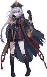 Rule 34 | 1girl, belt, boots, braid, breasts, charon (chrono ark), chrono ark, collared shirt, cross, earrings, gloves, gradient hair, hat, hen-tie, high collar, highres, holding, holding cross, hood, hood down, jacket, jewelry, kneehighs, long hair, looking at viewer, multicolored hair, non-web source, official art, open clothes, open jacket, open mouth, pink hair, purple eyes, purple hair, shirt, skirt, small breasts, socks, thurible, transparent background, two-tone hair
