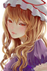 Rule 34 | 1girl, absurdres, bad id, bad pixiv id, blonde hair, dated, dress, expressionless, eyelashes, hat, hat ribbon, head tilt, highres, lace-trimmed sleeves, lace trim, lips, lois keiy, long hair, looking at viewer, mob cap, nose, red eyes, ribbon, short sleeves, simple background, solo, touhou, upper body, white background, yakumo yukari
