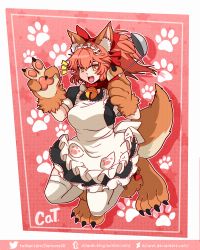 Rule 34 | 1girl, ^^^, absurdres, animal ear fluff, animal ears, animal hands, apron, bell, breasts, cat paws, collar, commentary, dclaret, deviantart username, fangs, fate/grand order, fate (series), fox ears, fox girl, fox tail, gloves, hair ribbon, highres, holding, holding ladle, huge filesize, jingle bell, ladle, large breasts, long hair, neck bell, open mouth, paw gloves, paw shoes, pink hair, ponytail, red ribbon, ribbon, shoes, solo, tail, tamamo (fate), tamamo cat (fate), tamamo cat (second ascension) (fate), thighhighs, tumblr username, twitter username, white thighhighs, yellow eyes