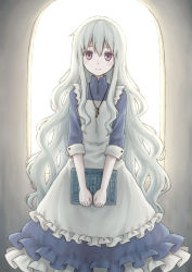Rule 34 | 104, 1girl, apron, blue dress, book, dress, frilled dress, frills, highres, jewelry, kagerou project, kozakura marry, long hair, looking at viewer, necklace, red eyes, sidelocks, solo, standing, very long hair, wavy hair, colored eyelashes, white hair, window