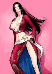 Rule 34 | 1girl, amazon lily, amazon warrior, black hair, blue eyes, boa hancock, breasts, cleavage, delta zone, earrings, female focus, fingernails, hand on own hip, highres, hip focus, jewelry, large breasts, legs, long hair, long skirt, long sleeves, midriff, navel, one piece, skirt, solo