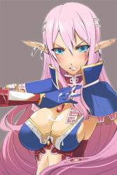 Rule 34 | 1girl, bad id, bad pixiv id, blue eyes, blush, breasts, cum, cum in mouth, cum on gloves, earrings, elf, gloves, jewelry, large breasts, long hair, myuria tionysus, ohta yuichi, pink hair, pointy ears, simple background, solo, star ocean, star ocean the last hope, tattoo