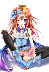 Rule 34 | 1girl, ;), alice (sennen sensou aigis), armlet, belt, black panties, black thighhighs, blue cape, blue eyes, blue footwear, boots, breasts, brown gloves, cape, crown, frilled skirt, frills, gloves, highres, knee up, looking at viewer, medium breasts, mouth hold, one eye closed, panties, pantyshot, pink skirt, red hair, sennen sensou aigis, sitting, skirt, smile, solo, thighhighs, underwear, usa shouya, white background