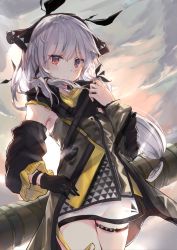 Rule 34 | 1girl, arknights, armpit crease, backlighting, bare shoulders, black gloves, cannon, cowboy shot, detached sleeves, dress, flat chest, gloves, grey dress, hairband, highres, koomoi, long hair, long sleeves, looking at viewer, low-tied long hair, red eyes, short dress, silver hair, solo, strap, sunlight, thigh strap, weedy (arknights), wristband