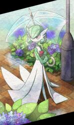 aji_n0m0t0 blue_flower bob_cut colored_skin creatures_(company) dress flower game_freak gardevoir gardevoir_day gen_3_pokemon green_hair green_skin holding holding_umbrella lamppost multicolored_skin nintendo no_feet pink_eyes pokemon pokemon_(creature) transparent transparent_umbrella two-tone_skin umbrella water_drop white_dress white_skin