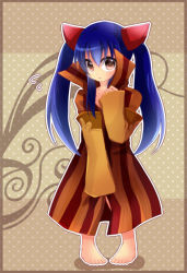 Rule 34 | 1girl, barefoot, blue hair, blush, brown eyes, cosplay, fairy tail, fuchise, high collar, long hair, mest gryder, nervous, oversized clothes, sleeves past wrists, twintails, wendy marvell