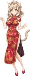 Rule 34 | 1girl, amrita (artwhirl), animal ears, artwhirl mahou gakuen no otome-tachi, bare legs, blunt bangs, cat ears, cat girl, cat tail, china dress, chinese clothes, clenched hand, dress, full body, highres, kimura kitaka, light brown hair, long hair, looking at viewer, print dress, red dress, red footwear, short sleeves, side slit, solo, standing, tachi-e, tail, transparent background, yellow eyes