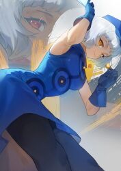 Rule 34 | 1girl, absurdres, blue hat, candy, elizabeth (persona), food, grey hair, hat, high collar, highres, hymin, lollipop, looking at viewer, mini hat, persona, persona 3, short hair, signature, sleeveless, solo, yellow eyes