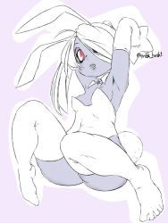 Rule 34 | 1girl, areola slip, arms up, ass, blue skin, blush, colored skin, detached collar, hair over one eye, leotard, mtk hoshi, open mouth, rabbit ears, rabbit tail, red eyes, skullgirls, solo, squigly (skullgirls), stitched mouth, stitches, thighhighs