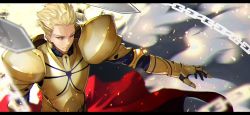 Rule 34 | 1boy, armor, blonde hair, chain, chromatic aberration, closed mouth, earrings, fate/grand order, fate/stay night, fate (series), gilgamesh (fate), gloves, gold armor, highres, jewelry, letterboxed, looking away, male focus, manly, red eyes, solo, sword, upper body, weapon, yoshio (55level)