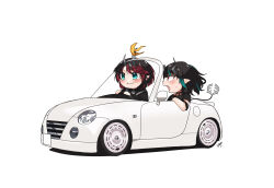 Rule 34 | 2girls, banana peel, black dress, black hair, blue eyes, blue hair, blush, car, chibi, closed mouth, commentary request, convertible, daihatsu copen, demon girl, demon horns, demon tail, dress, driving, fang, highres, horns, looking at another, medium bangs, medium hair, motor vehicle, multicolored hair, multiple girls, nanashi inc., official alternate costume, open mouth, pointy ears, red eyes, red hair, ryugasaki rene, ryugasaki rene (3rd costume), shishio chris, shishio chris (3rd costume), short hair, short sleeves, signature, simple background, smile, tail, two-tone hair, upper body, vehicle focus, virtual youtuber, white background, zono (inokura syuzo029)