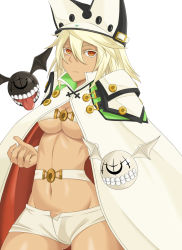 Rule 34 | 1girl, :p, arc system works, belt bra, blonde hair, breasts, cape, cleavage, coat, colored eyelashes, cowboy shot, creature, dark-skinned female, dark skin, esuto, expressionless, groin, guilty gear, guilty gear xrd, hat, highres, long hair, looking at viewer, medium breasts, navel, orange eyes, ramlethal valentine, short shorts, shorts, tongue, tongue out, underboob, white cape