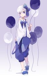 Rule 34 | 1girl, absurdres, balloon, blue bow, blue footwear, blue pants, bow, full body, hair bow, highres, looking at viewer, natsu-no-kamisama, off-shoulder shirt, off shoulder, original, pants, purple eyes, purple theme, shirt, shoes, short hair, short sleeves, solo, standing, suspenders, white hair, white shirt