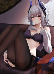 Rule 34 | 1girl, arknights, ass, black bra, black panties, blunt bangs, blush, bra, breasts, brown pantyhose, chinese commentary, cleavage, closed mouth, clothes lift, clothes pull, commentary request, couch, dragon girl, dragon horns, dragon tail, feet out of frame, grey sweater, highres, horns, indoors, lace, lace-trimmed bra, lace trim, leaning back, legs up, lifting own clothes, liskarm (arknights), long sleeves, looking at viewer, medium breasts, off-shoulder sweater, off shoulder, on couch, orange eyes, panties, panties under pantyhose, pantyhose, pantyhose pull, ponytail, ru zhai, silver hair, single bare shoulder, sitting, solo, sweater, sweater lift, tail, underwear, undressing