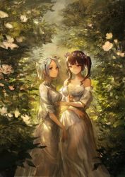 Rule 34 | 10s, 2girls, akuma no riddle, blue eyes, breasts, brown eyes, brown hair, commentary request, dress, forest, glasses, gown, grey hair, hairband, hand on another&#039;s chest, head wreath, highres, holding, kaminaga kouko, lm7 (op-center), medium breasts, multiple girls, nature, outdoors, see-through, short hair, shutou suzu, strapless, twintails, yuri